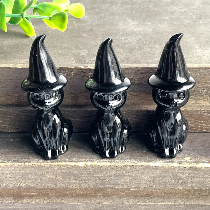 Obsidian Crystal Witch Cat Figurines