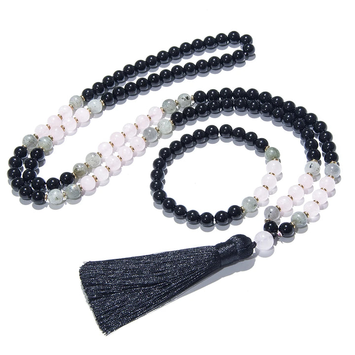 Black Onyx, Rose Quartz, & Labradorite Mala Necklace
