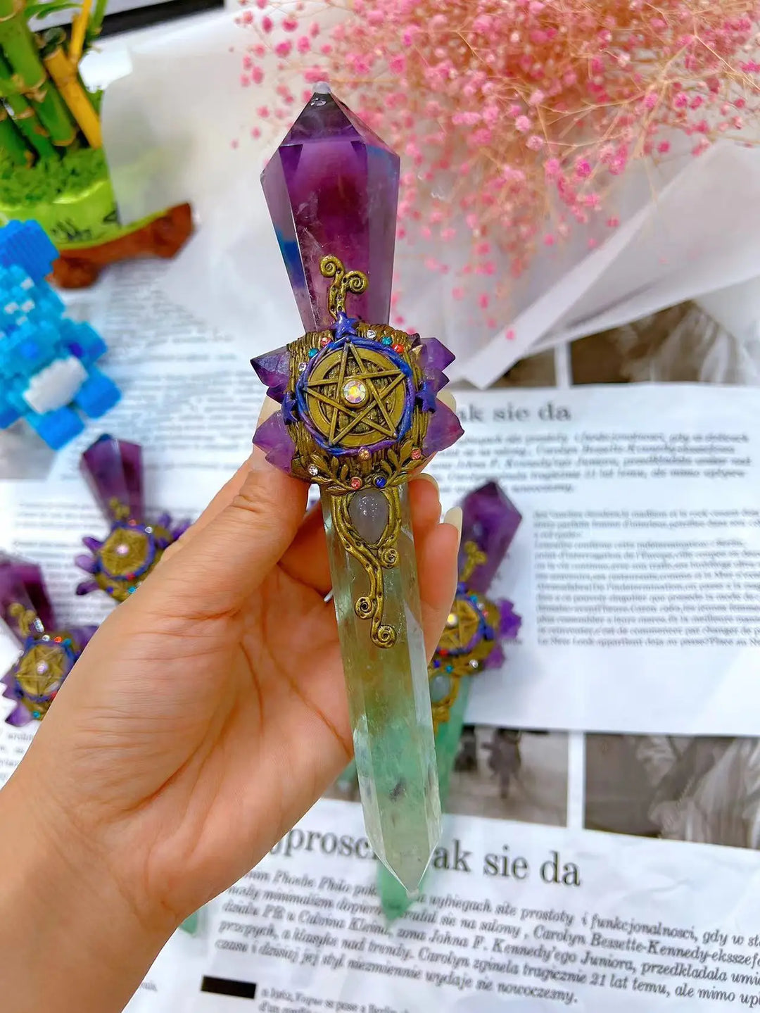 Handmade Green Fluorite & Amethyst Pentacle Witch Wand