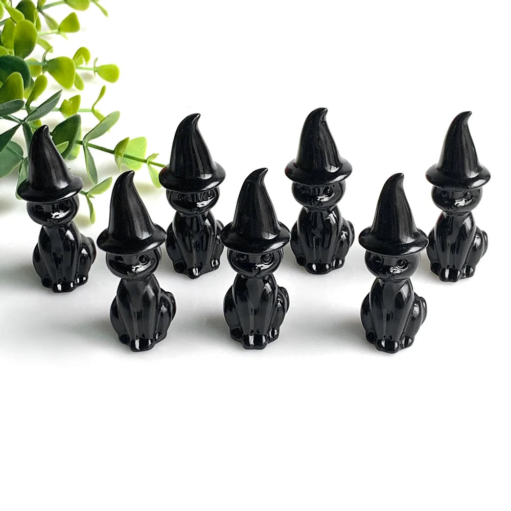 Obsidian Crystal Cat Figurines