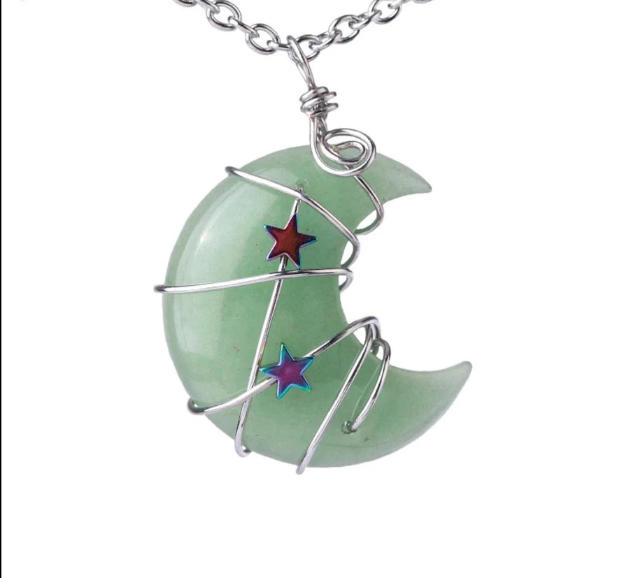 Green Aventurine Crescent Moon & Star Wire Wrap Silver Necklace For Sale | Green Witch Creations