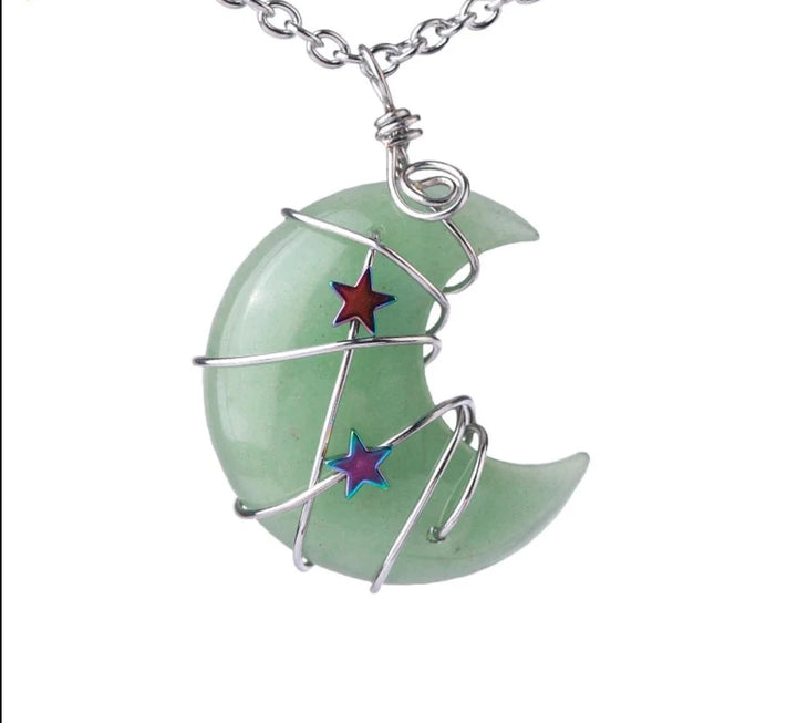 Green Aventurine Crescent Moon & Star Wire Wrap Silver Necklace For Sale | Green Witch Creations