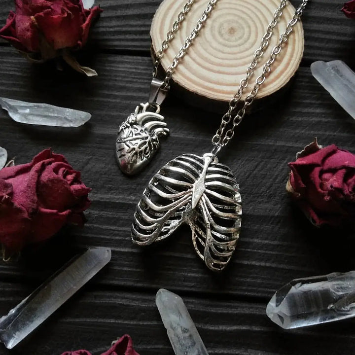 Gothic Rib Cage & Heart Silver Necklace For Sale Online | Green Witch Creations
