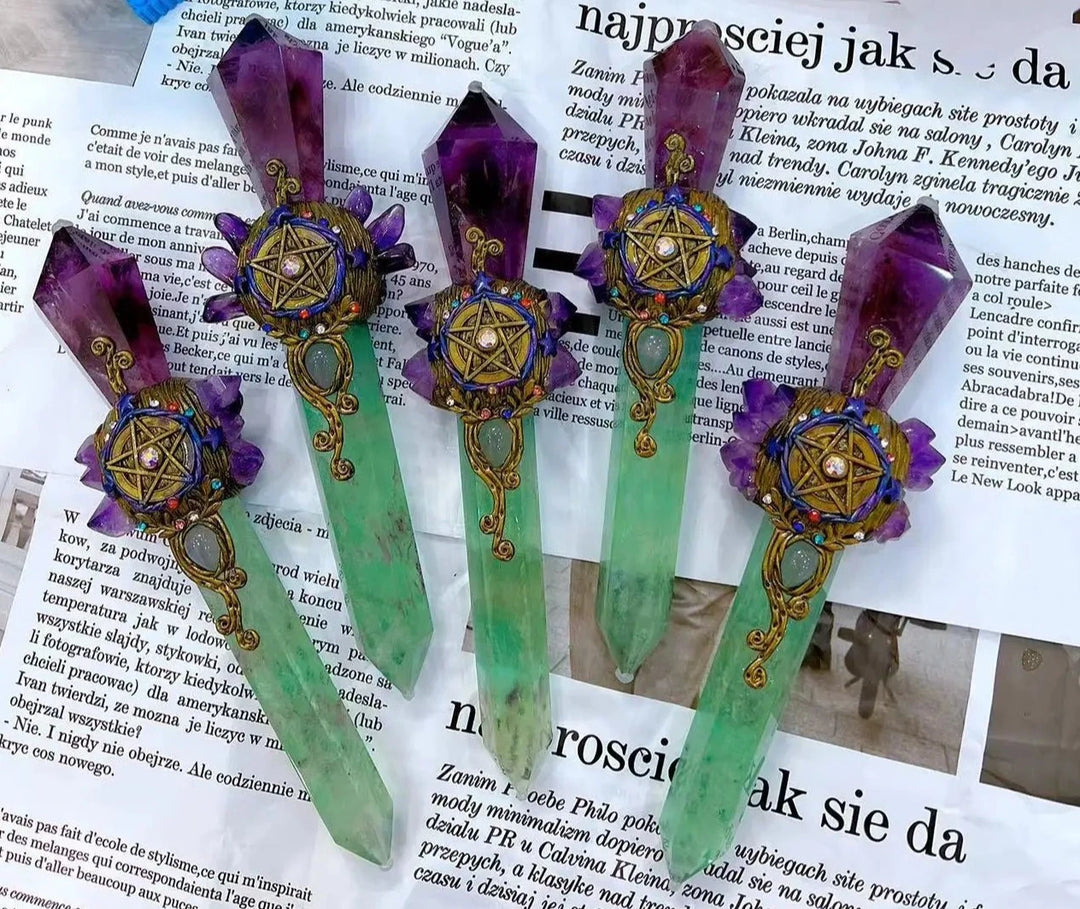 Handmade Green Fluorite & Amethyst Pentacle Witch Wand