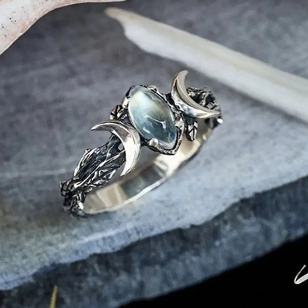 Moonstone Triple Moon Goddess Ring | Green Witch Creations