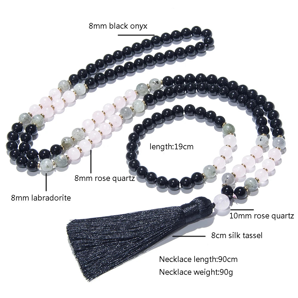 Black Onyx, Rose Quartz, & Labradorite Mala Necklace