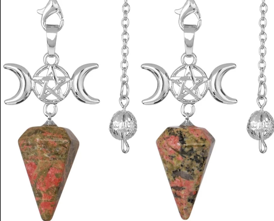 Unakite Triple Moon Pentacle Hexagon Crystal Pendulums For Sale