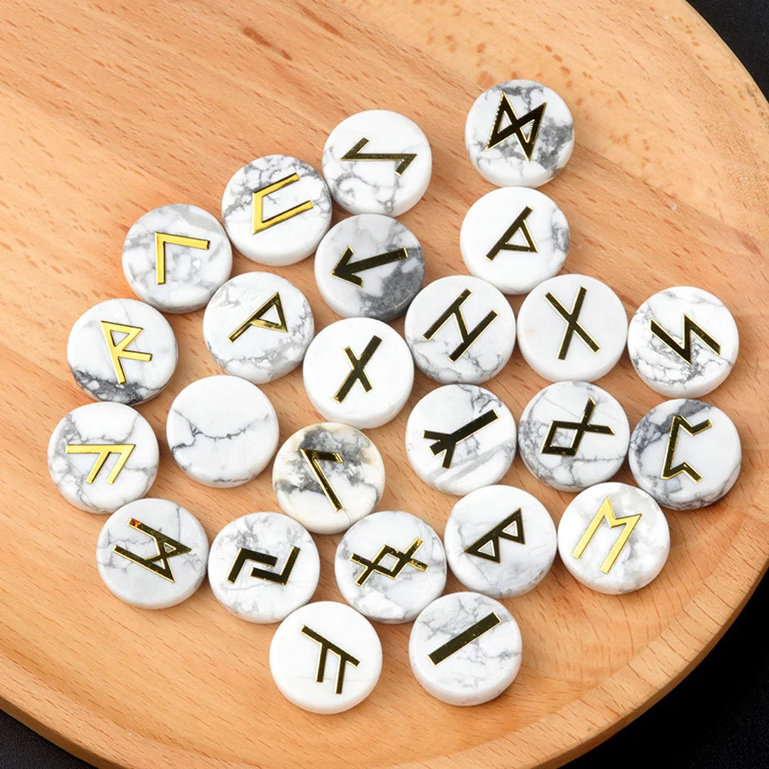 White Howlite Round Crystal Rune Symbol Sets