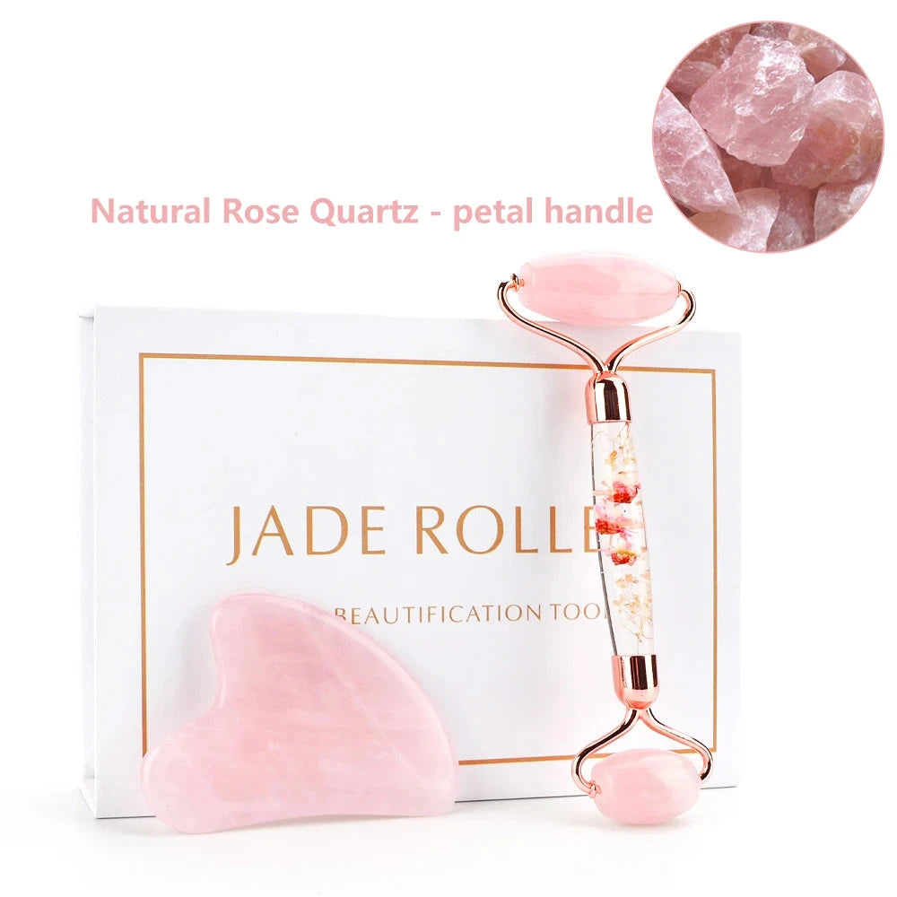 Rose Quartz Crystal Gua Sha Facial Massage Roller Set | Green Witch Creations