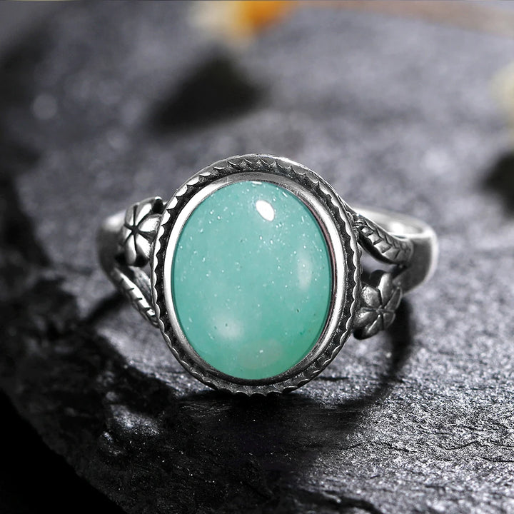 Green Aventurine 925 Sterling Silver Stone Oval Flower Ring | Green Witch Creations