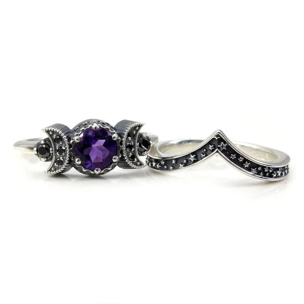 Black Zirconia Purple Stone Triple Moon Ring Set For Sale Online