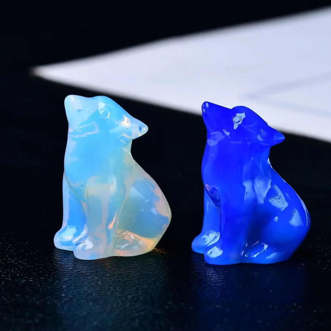 Opalite and Blue Stone Crystal Wolf Statue | Green Witch Creations