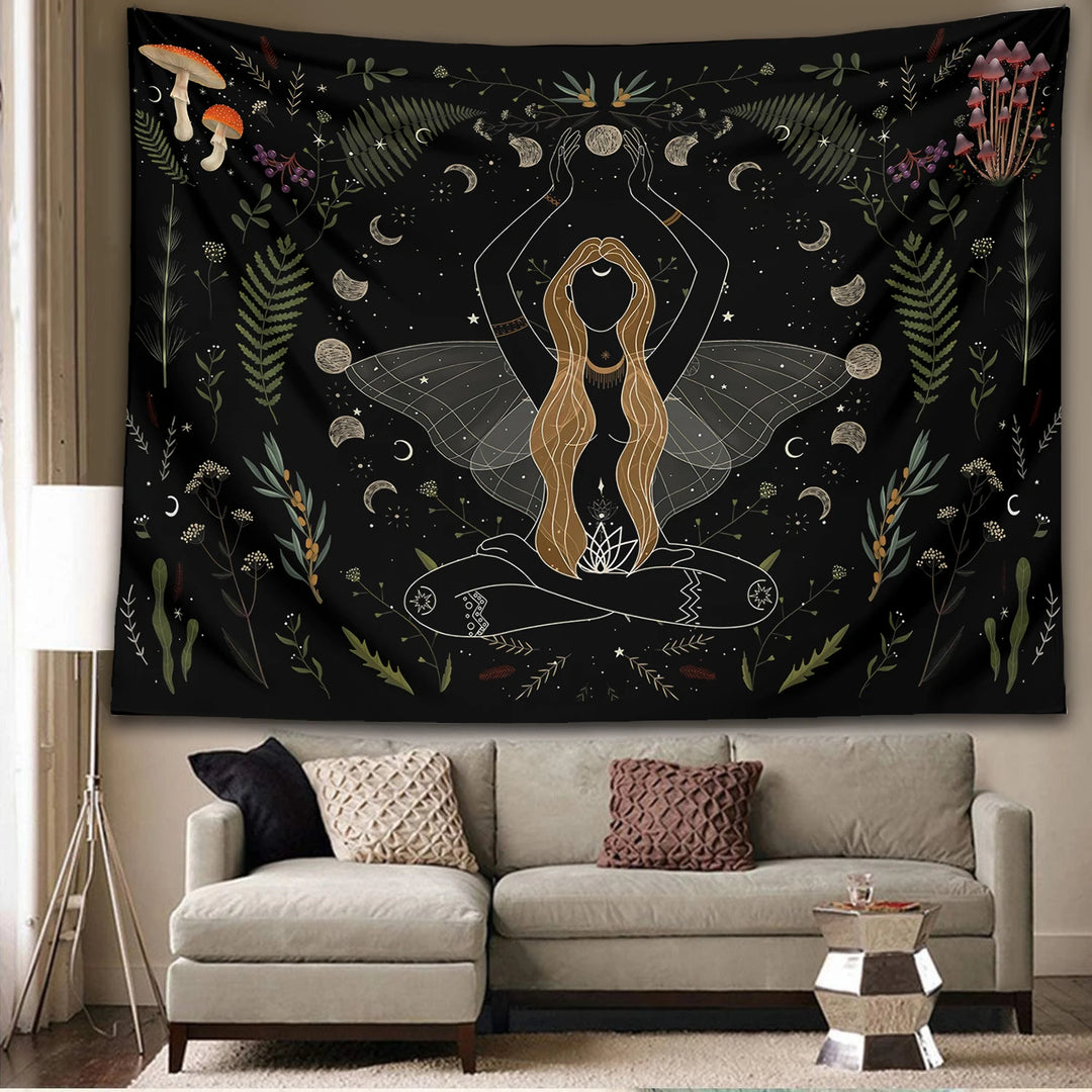 Fairy Goddess Witchy Botanical Moon Phase Tapestries | Green Witch Creations