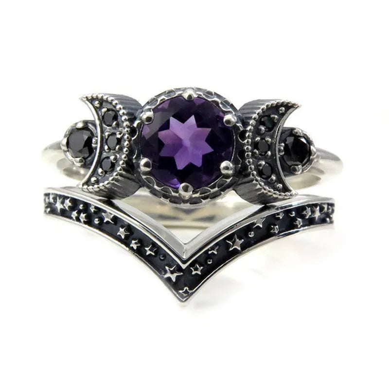 Triple Moon Zircon Purple Stone Silver Ring For Sale | Green Witch Creations