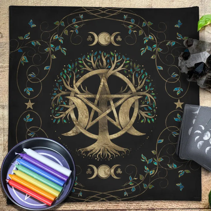 Triple Moon Pentacle Tree Pagan Altar Cloth For Sale | Green Witch Creations