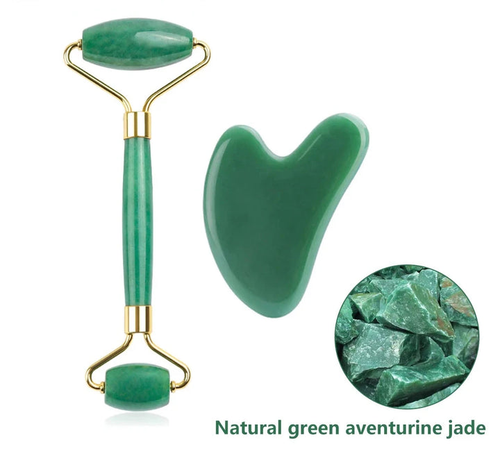 Green Jade Crystal Gua Sha Facial Massage Roller Set | Green Witch Creations