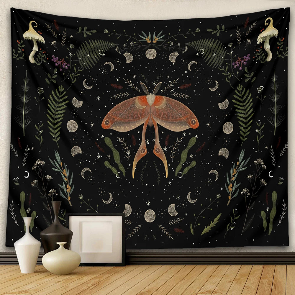 Moth Witchy Botanical Moon Phase Tapestries | Green Witch Creations