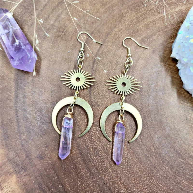 Purple Aura Quartz Brass Eyes Gold Crystal Earrings For Sale | Green Witch Creations