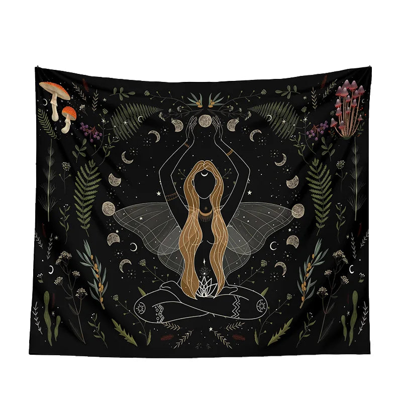 Fairy Goddess Witchy Botanical Moon Phase Tapestries | Green Witch Creations