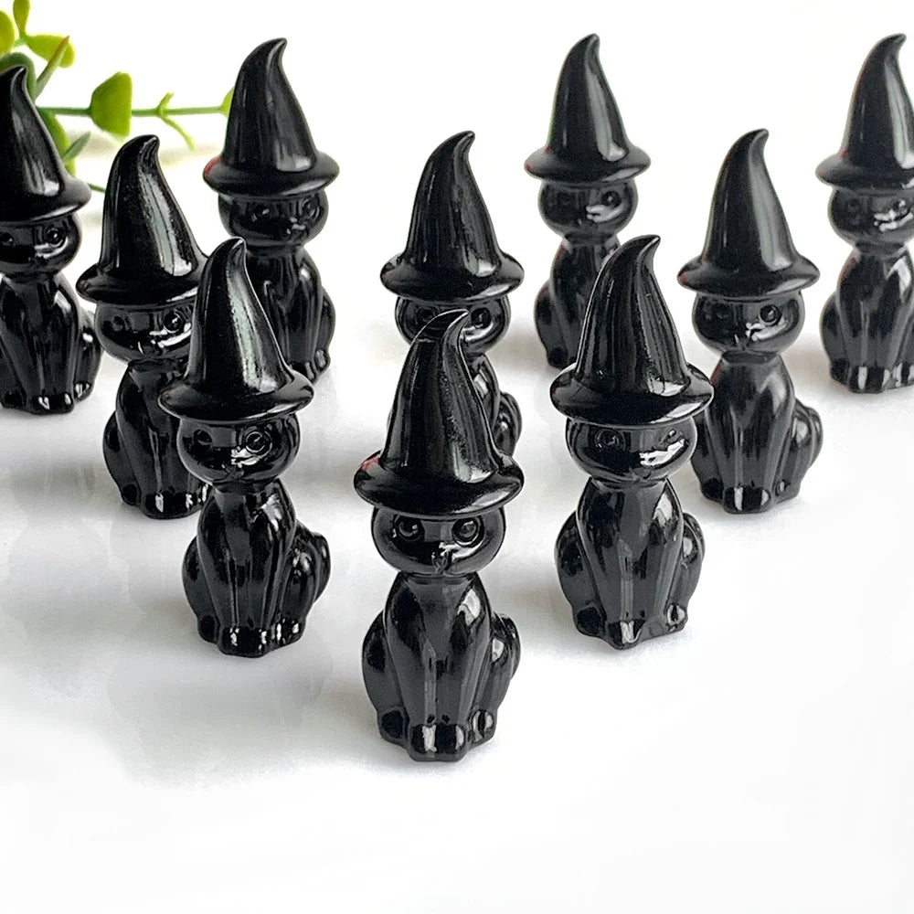 Obsidian Crystal Witch Cat Statues