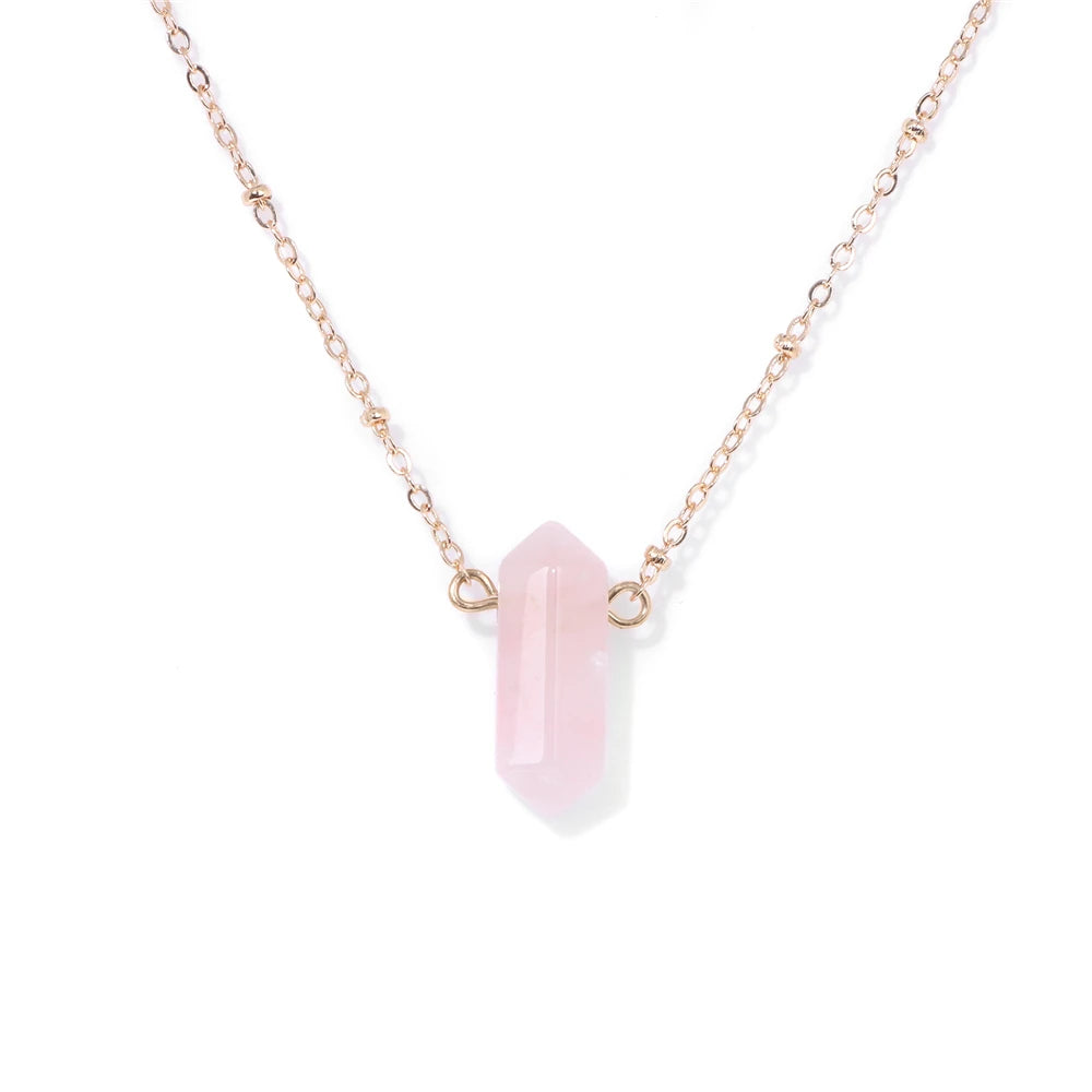 Rose Quartz Hexagonal Stone Pendant Gold Necklace | Green Witch Creations