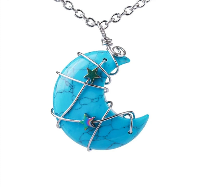 Turquoise Crescent Moon & Star Wire Wrap Silver Necklace For Sale | Green Witch Creations