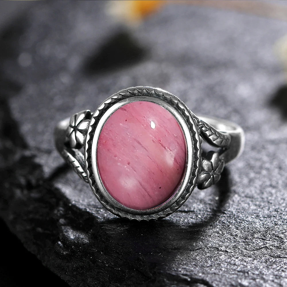 Rhodochrosite 925 Sterling Silver Stone Oval Flower Ring | Green Witch Creations