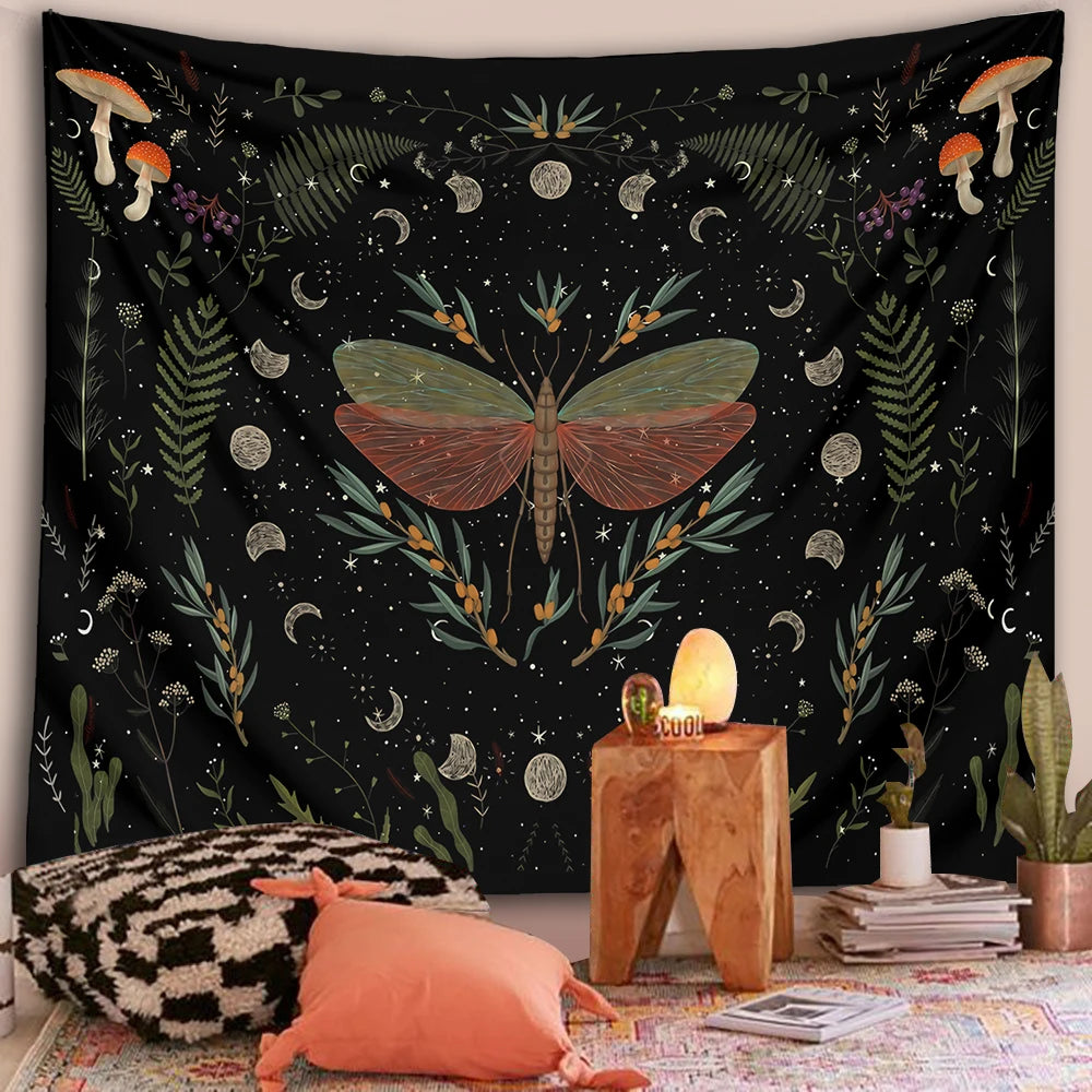 Moth Witchy Botanical Moon Phase Tapestries | Green Witch Creations