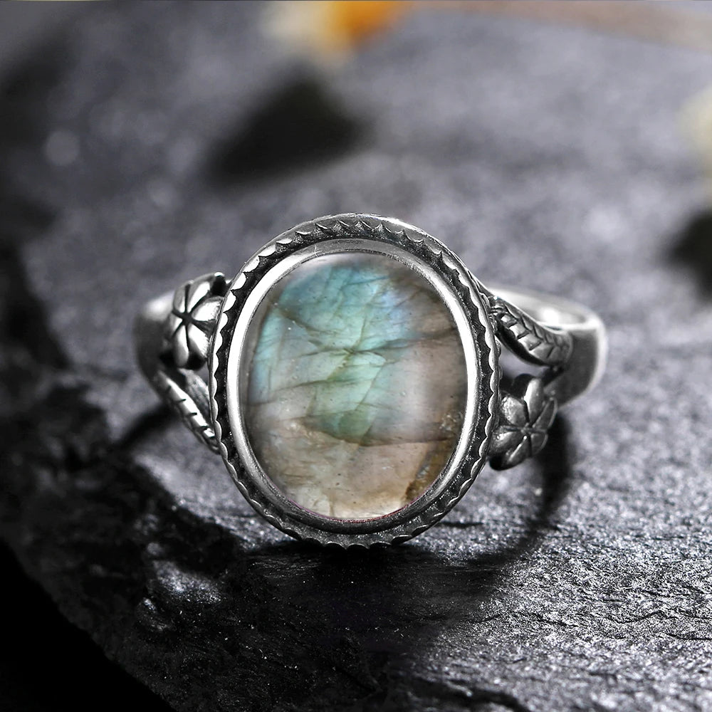 Labradorite 925 Sterling Silver Stone Oval Flower Ring | Green Witch Creations