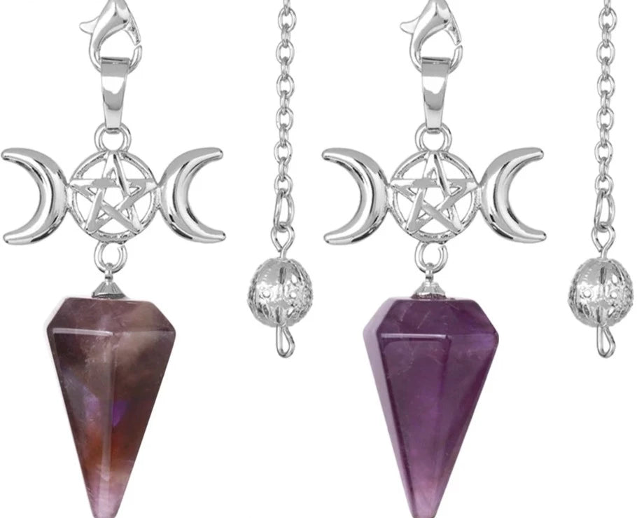 Amethyst Triple Moon Pentacle Hexagon Crystal Pendulums For Sale