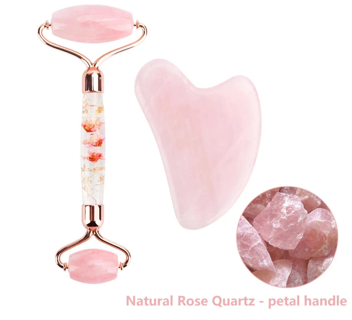 Rose Quartz Crystal Gua Sha Facial Massage Roller Set | Green Witch Creations