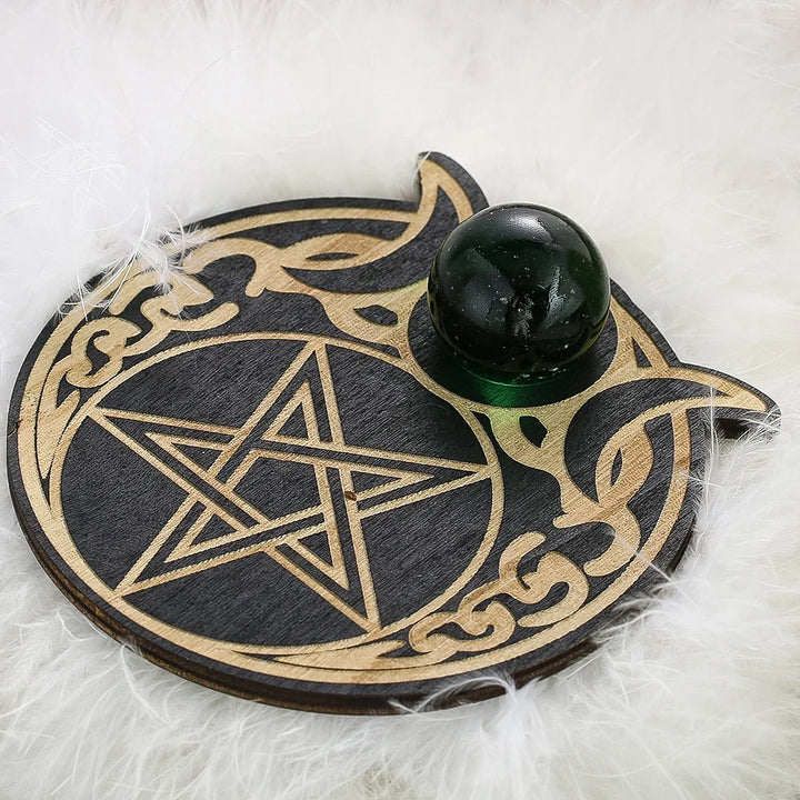 Triple Moon Pentacle Wood Crystal Ball Stand | Green Witch Creations