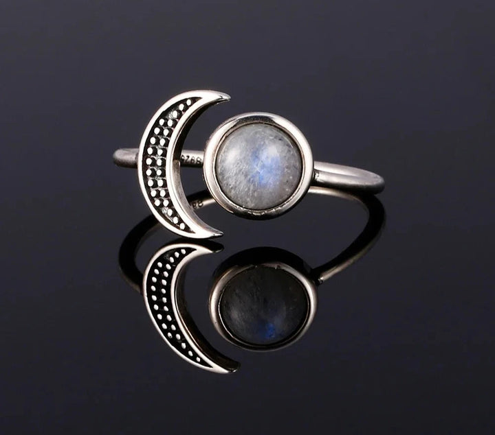 925 Sterling Silver Moonstone Moon Ring | Green Witch Creations