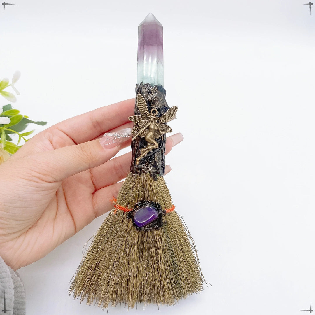 Large Crystal Point Charm Broom For Sale | Green Witch Creations