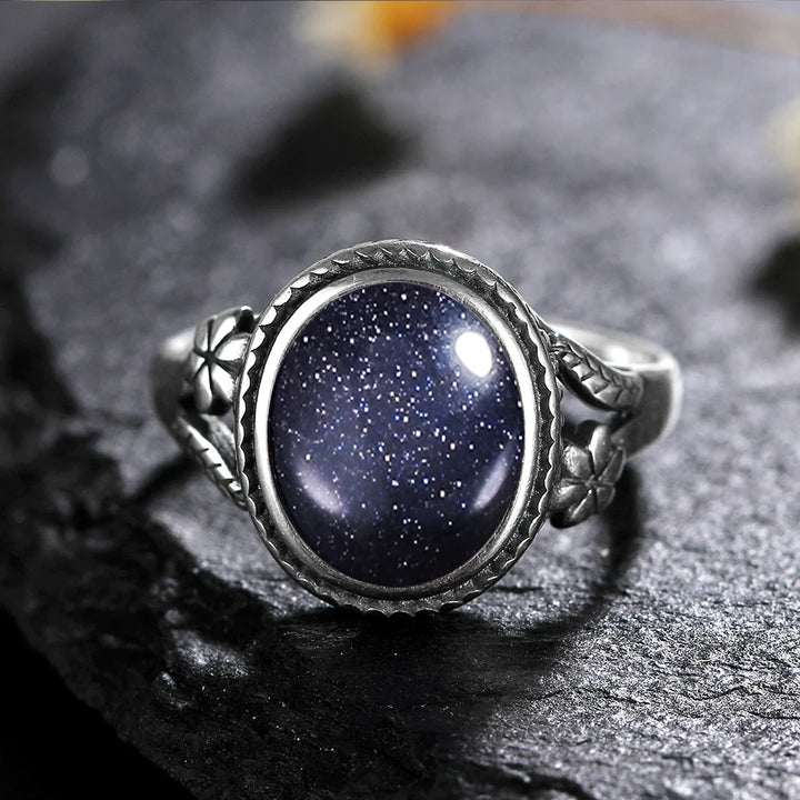 Blue Goldstone 925 Sterling Silver Stone Oval Flower Ring | Green Witch Creations