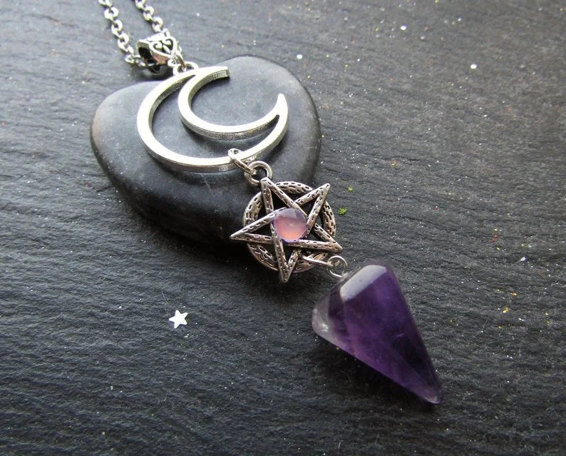 Amethyst Moon Pentacle Pendulum Necklace | Green Witch Creations