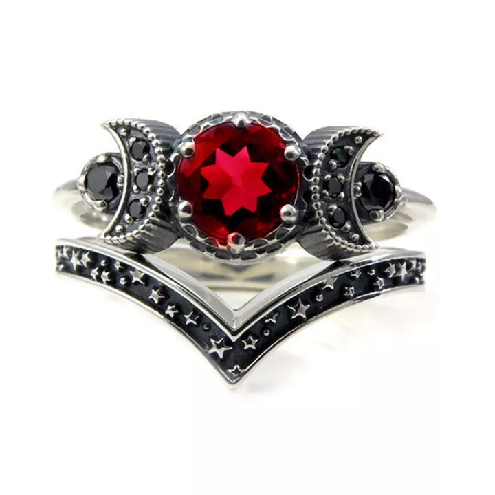 Black Zirconia Red Stone Triple Moon Ring Set For Sale Online
