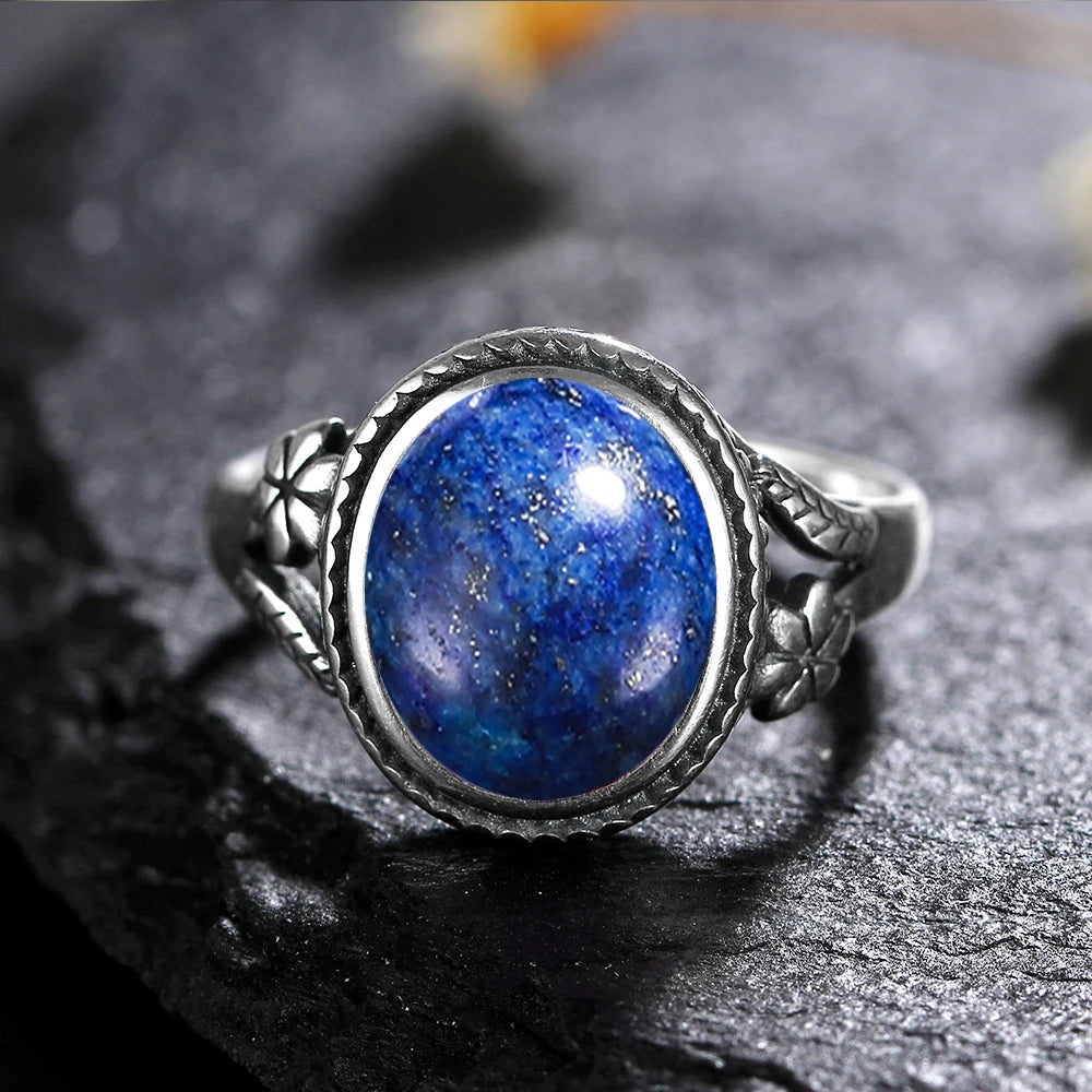 Lapis Lazuli 925 Sterling Silver Stone Oval Flower Ring | Green Witch Creations