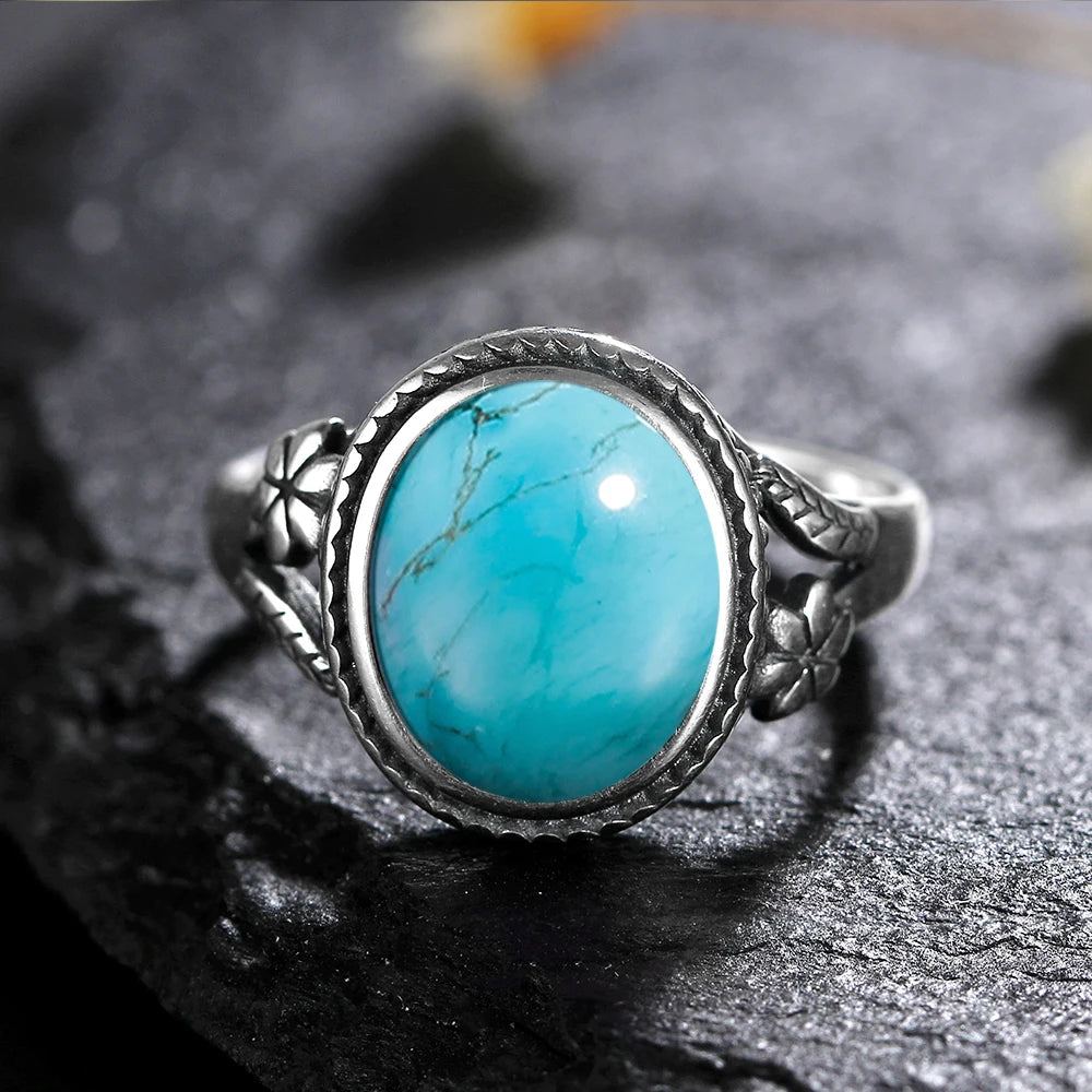 Turquoise 925 Sterling Silver Stone Oval Flower Ring | Green Witch Creations