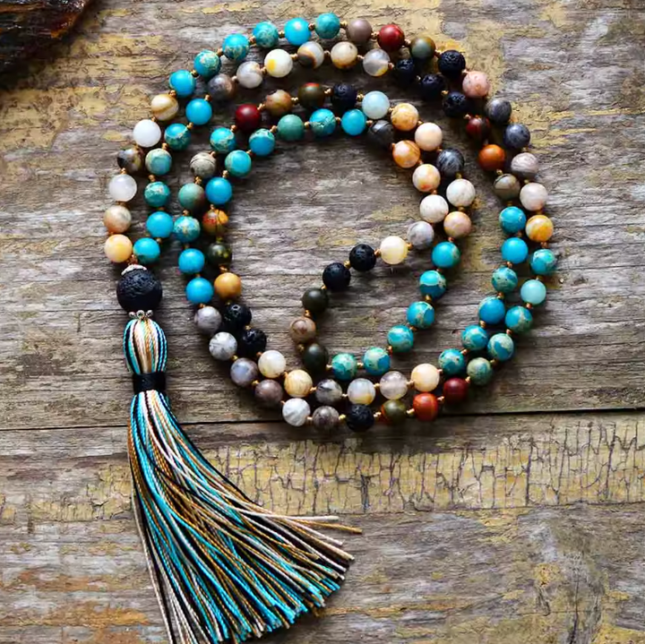 Agate and Lava Rock Mala Bead Necklace