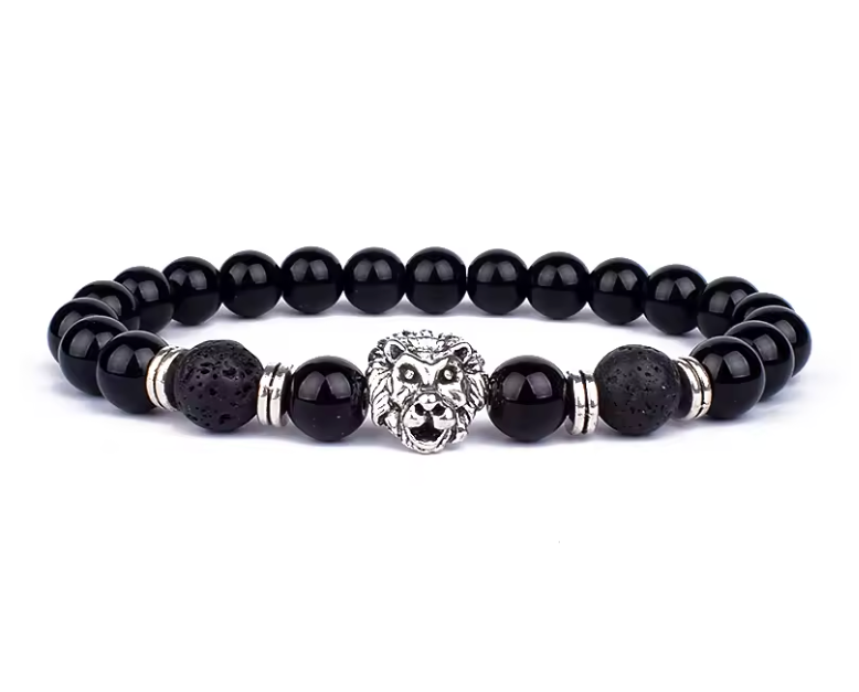 Silver Lion Lava Rock & Onyx Bracelet