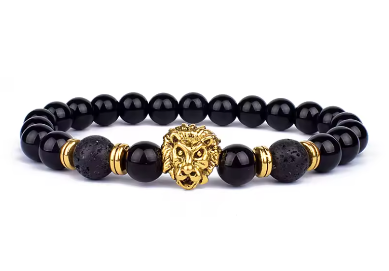 Gold Lion Lava Rock & Onyx Bracelet