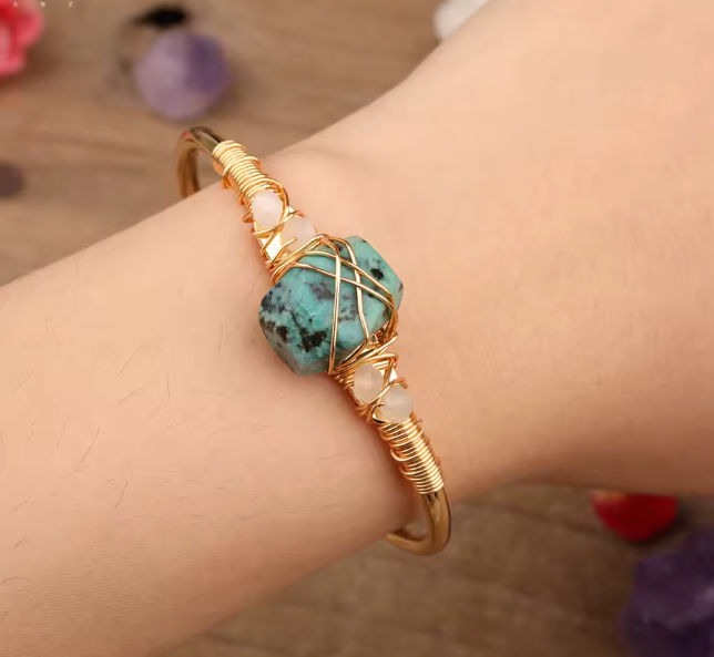 African Turquoise Crystal Gold Wire Wrap  Bracelets 