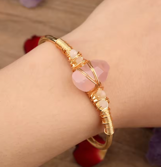 Rose Quartz Crystal Gold Wire Wrap  Bracelets 