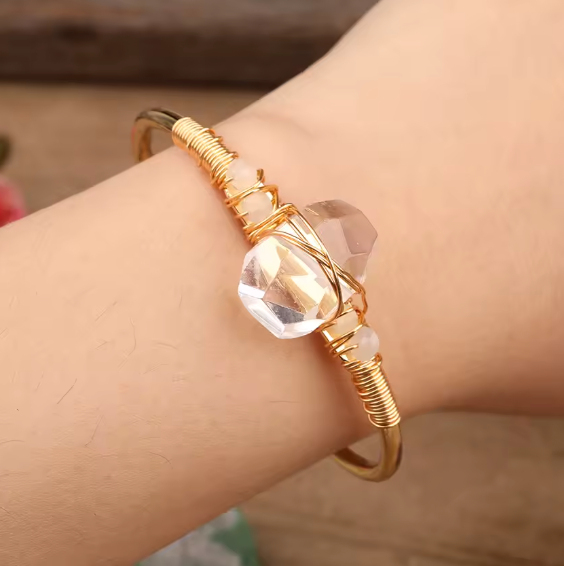 Clear Quartz Crystal Gold Wire Wrap  Bracelets 