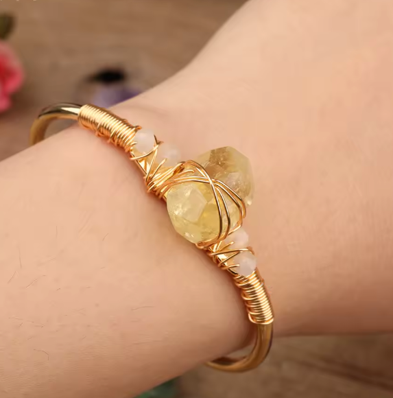 Lemon Quartz Crystal Gold Wire Wrap  Bracelets 