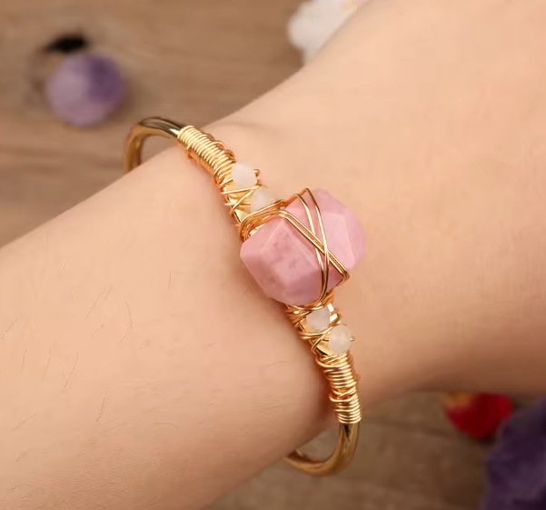 Rhodonite Crystal Gold Wire Wrap  Bracelets 