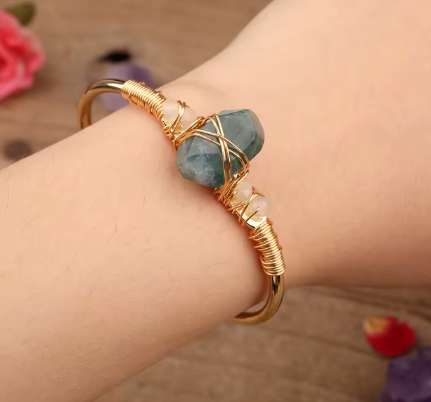 Moss Agate Crystal Gold Wire Wrap  Bracelets 