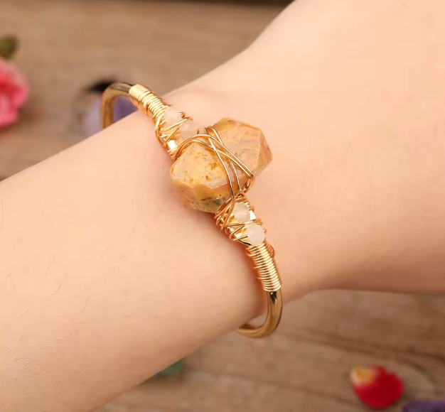 Crazy Lace Agate Crystal Gold Wire Wrap  Bracelets 