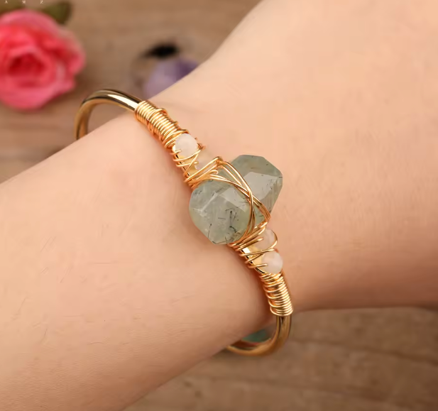 Prehnite Crystal Gold Wire Wrap  Bracelets 